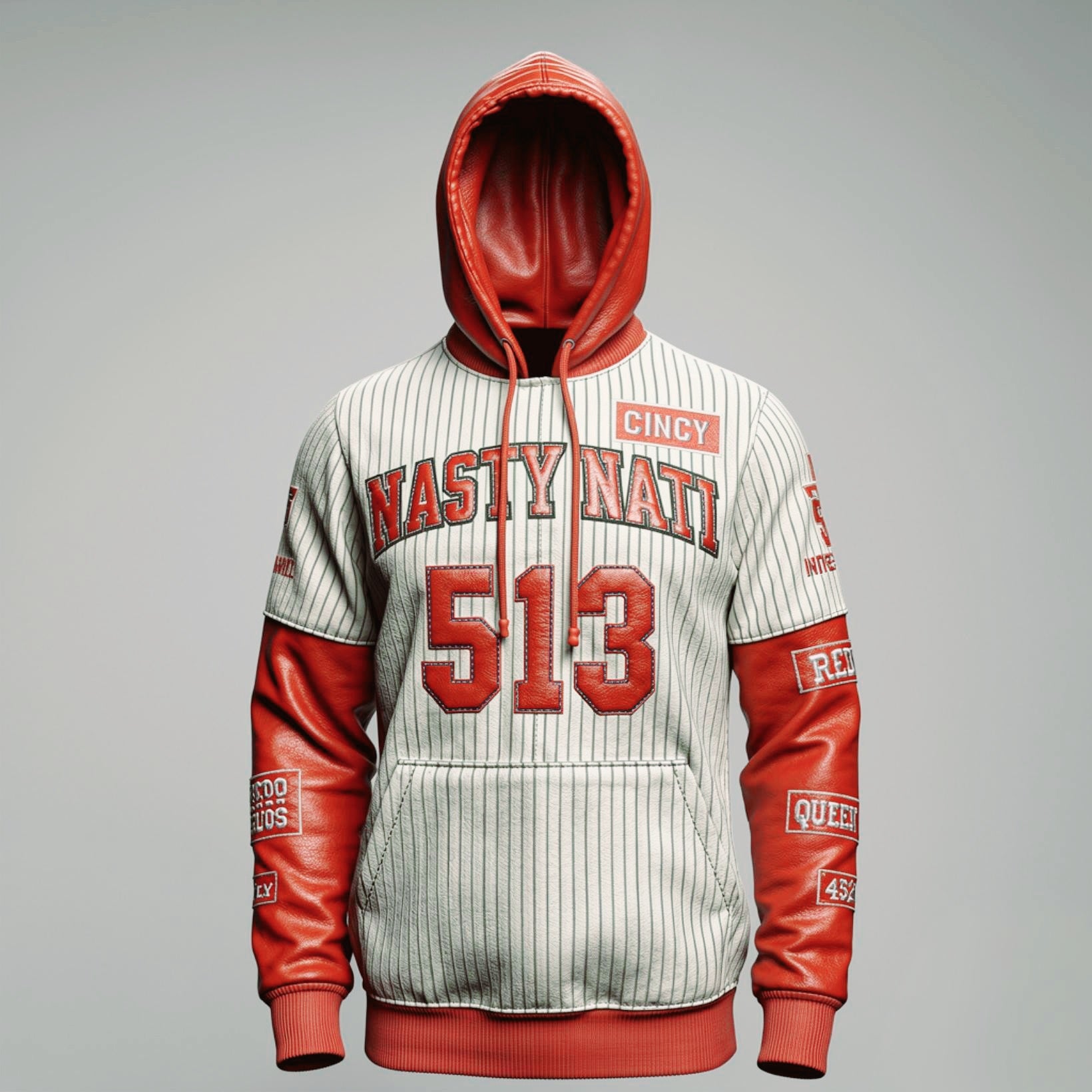 SWMT x ITG "Nasty Nati" 513 Red & White Premium Pinstripe Butter Soft Genuine Leather Hoodie