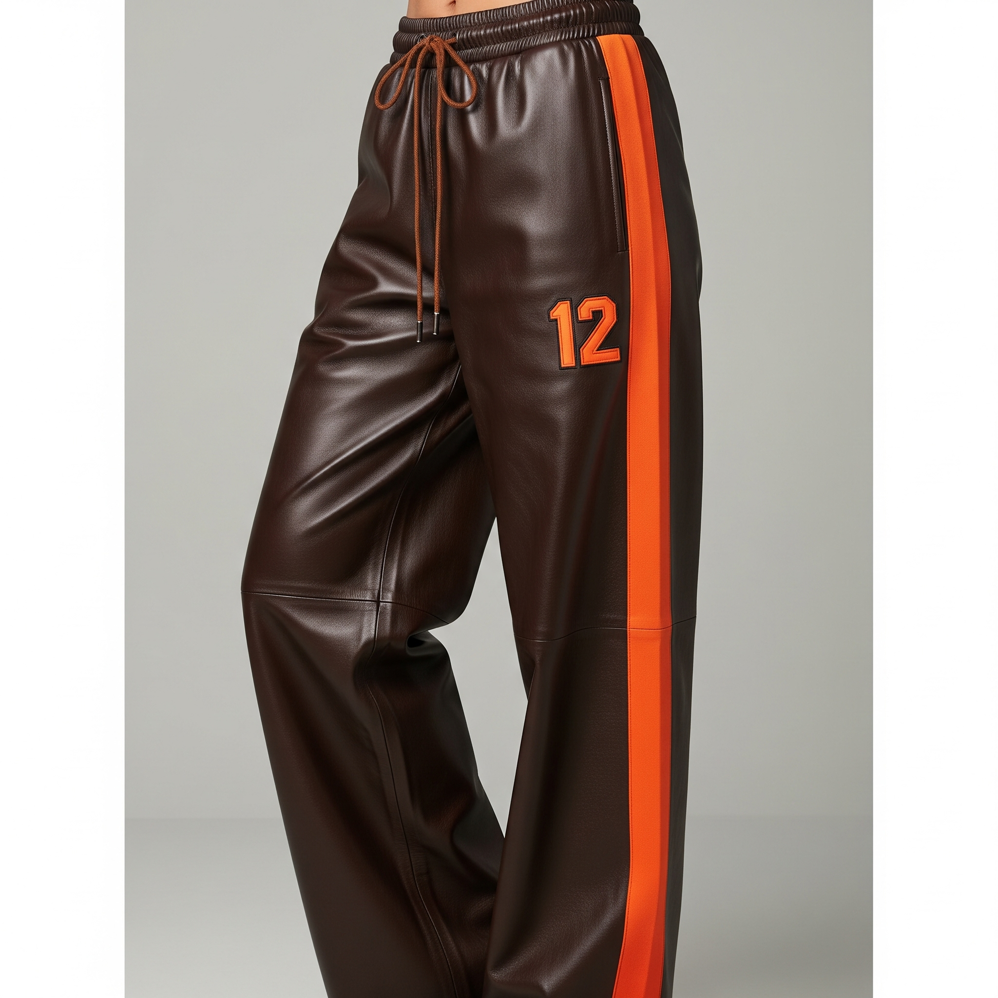 Brown Genuine Leather Wide Leg Casual Pants